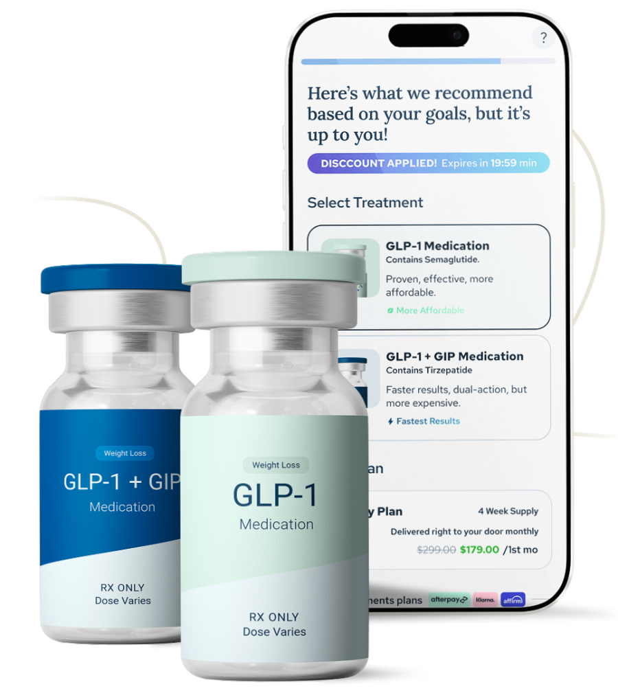 GLP-1 medication vials and telehealth quiz on phone